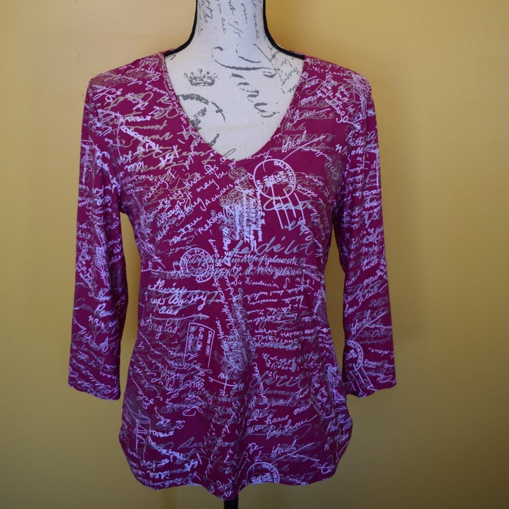3/$21 Nygard v-neck petite Purple with long sleeve silver writing